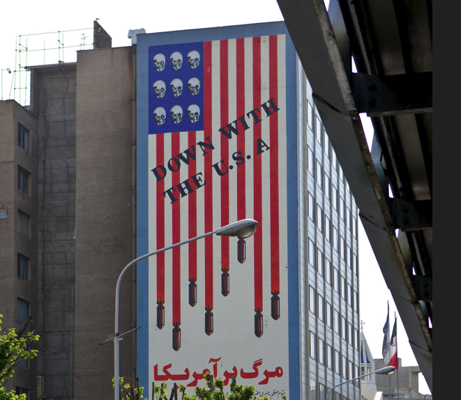 Tehran mural reading "Down with the USA," American flag that drops with bombs