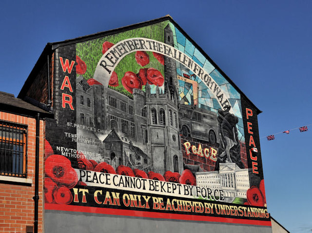 Mural painted on the side of a house in Ballymacarrett, Belfast, urges continued peace in Northern Ireland, with the words: "Peace can only be achieved by understanding."