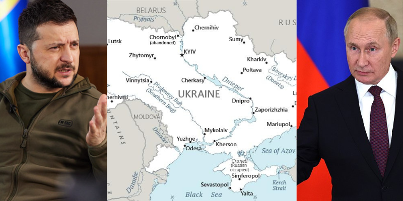 Ukraine president Zelensky, map of Ukraine, Russian president Putin.