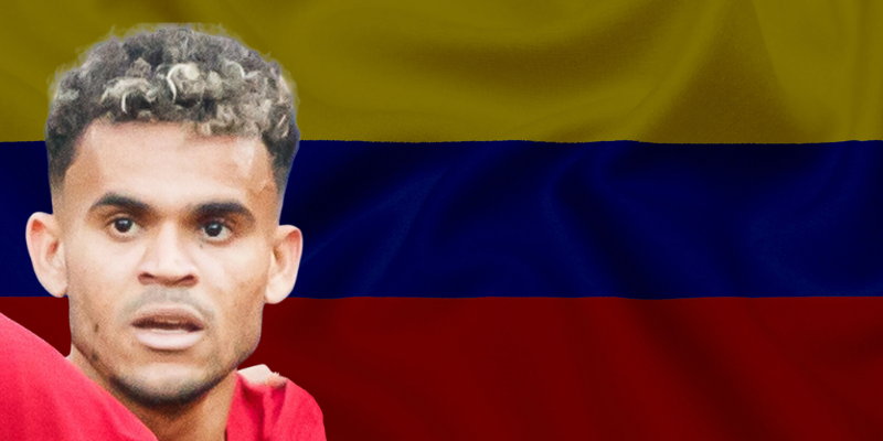 Colombian soccer star Luis Diaz, in front of Colombian flag.