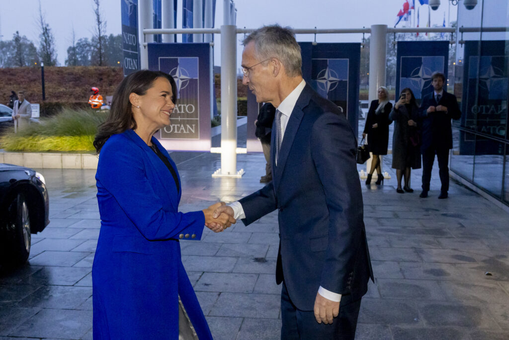 Hungarian President Katalin Novák meets with Jens Stoltenberg, NATO secretary general, on November 8, 2023. On February 10, 2024, Novák resigned, following news that one of the people she had pardoned in April 2023 was accused of helping cover up sexual abuse allegations at a Hungarian state-run children’s home.