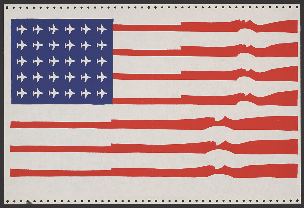 America and political violence: U.S. flag, showing guns instead of red stripes, from a poster in the Library of Congress collection. 