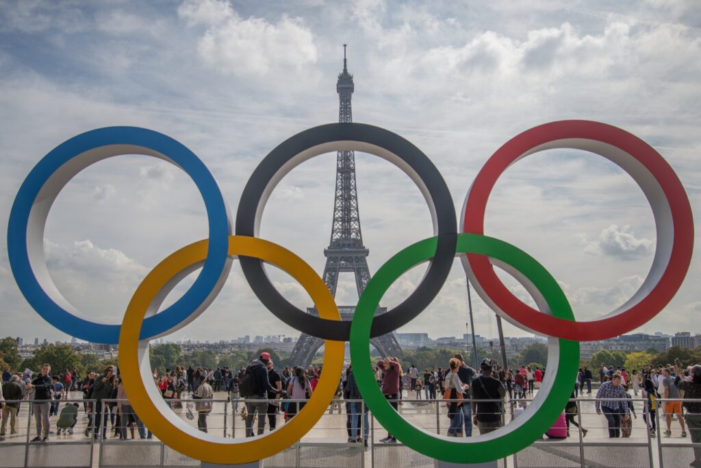 Olympic rings in Paris, with the Eiffel Tower in the background. The 2024 Summer Olympic Games open Friday in Paris. 