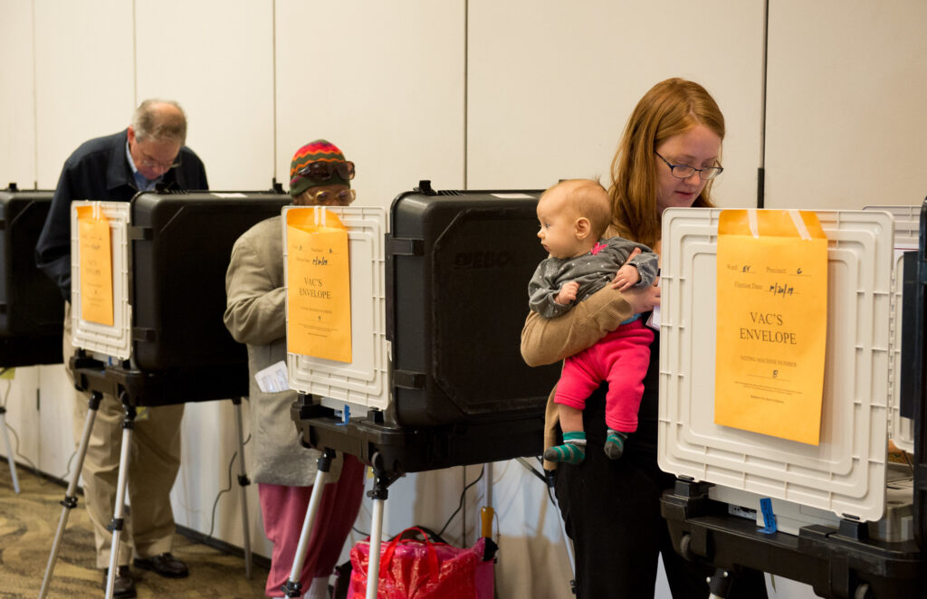 Will we see a wide gender gap in 2024 voting? Photo shows voters in Baltimore, Maryland. 