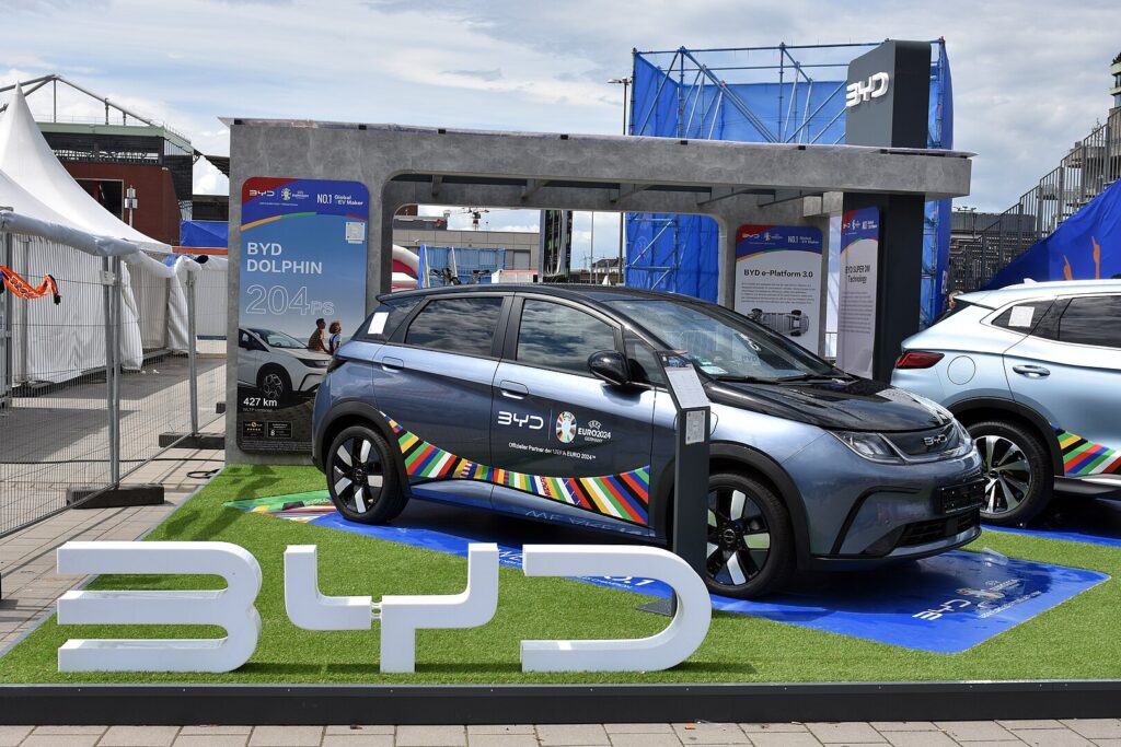 Photo shows an electric vehicle made by Chinese automaker BYD, in the fan zone area of a UEFA EURO 2024 soccer stadium in Hamburg, Germany.