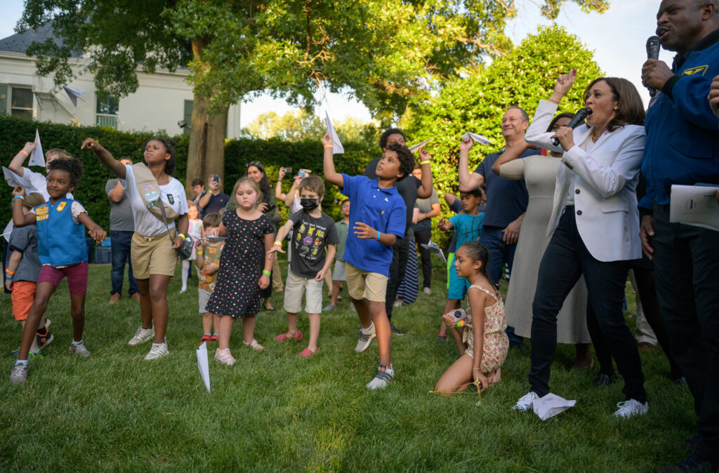 Vice President Kamala Harris counts down for children to throw their paper planes during hands-on STEM activities on the grounds of the Vice President's residence at the Naval Observatory, Friday, June 17, 2022, in Washington. The Vice President and Second Gentleman hosted an evening of NASA STEM activities at the Naval Observatory for military families and local STEM students and their families, including a special screening of Disney Pixar’s Lightyear. Photo Credit: (NASA/Bill Ingalls)