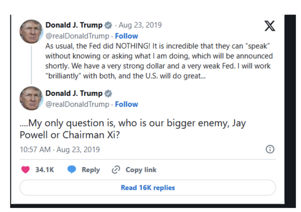 Donald Trump has attacked the U.S. central bank on multiple occasions, including this set of tweets on Aug. 23, 2019.
