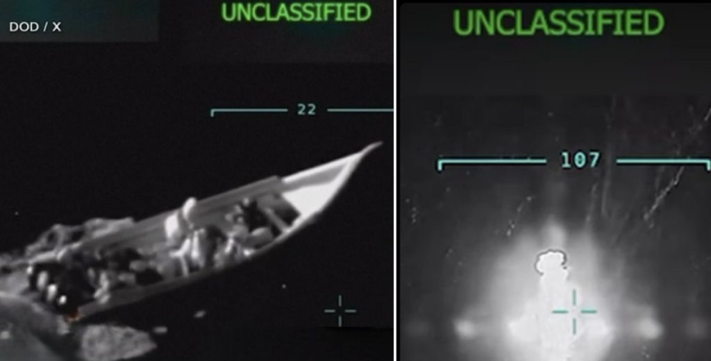 Image shows a speedboat reportedly carrying drugs in the Caribbean, before and after it is hit by the U.S. military. The White House says U.S. Special Forces destroyed a Venezuelan drug boat, killing all aboard.