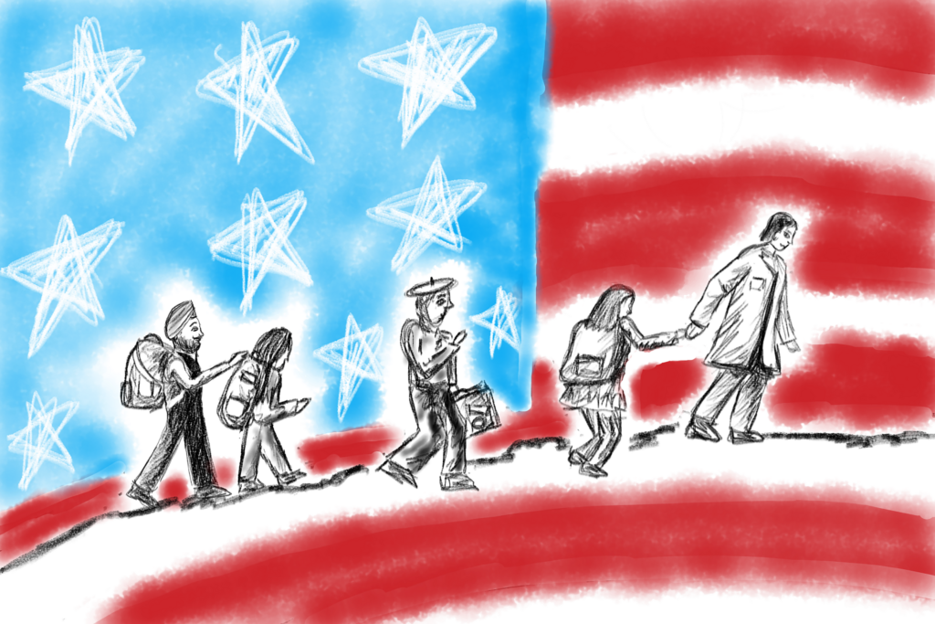 Image shows a drawing of a U.S. flag, and people walking with bags and backpacks along one stripe. This image is used as an illustration in an article on U.S. immigration reform.