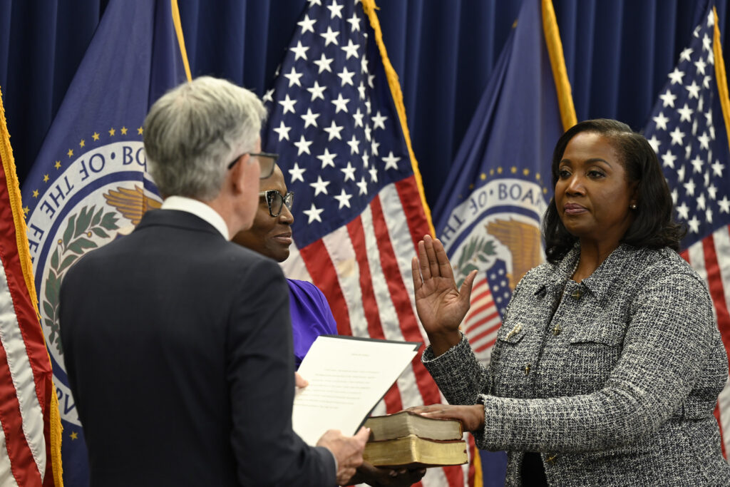 The Supreme Court this week ruled in favor of Lisa Cook in Trump v. Cook, ruling that the president must treat members of the Federal Reserve's Board of Governors as protected employees. Image shows May 2022 swearing-in ceremony for Fed Governor Lisa D. Cook.